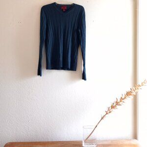 Dark Teal Merino Wool Blend V Neck Sweater 90s Minimalist Academia Classic